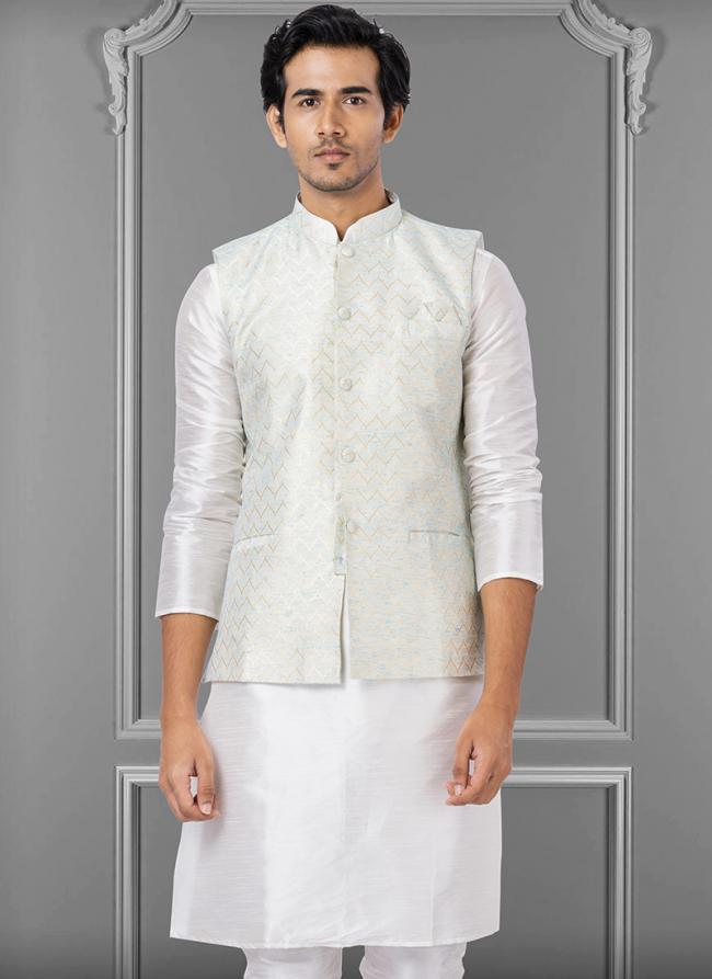 Linen Silk White Festival Wear Embroidery Work Readymade Men's Waistcoat